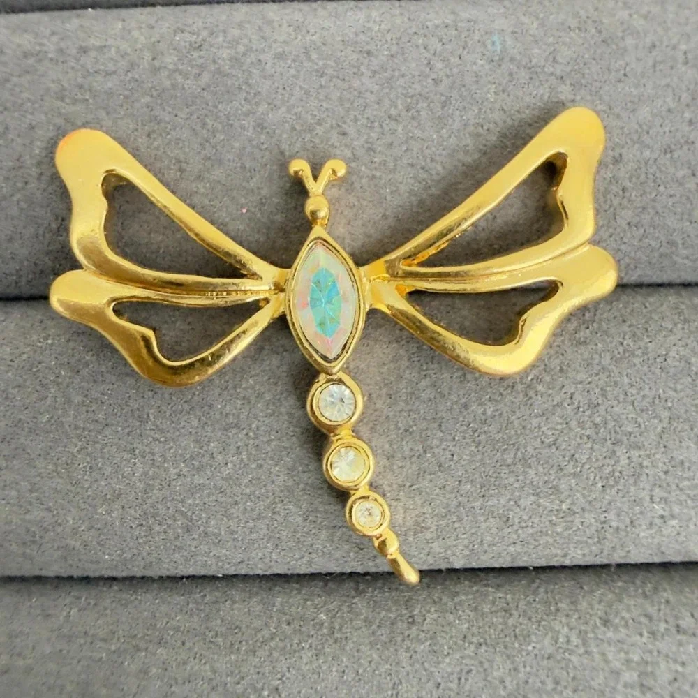Avon Dragonfly Rhinestone Pin Iridescent Faux Opal Gold Tone Insect Brooch